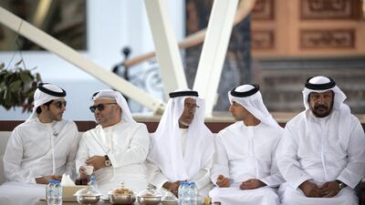 Sheikh Hazza bin Tahnoon, undersecretary to the Ruler's Representative in Al Ain Region, Dr Anwar Gargash, Minister of State for Foreign Affairs, Lt Gen Hamad Al Romaithi, Chief of Staff of the UAE Armed Forces, Sheikh Khaled bin Zayed, chairman of the board of Zayed Higher Organization for Humanitarian Care and Special Needs and Sheikh Saeed bin Mohamed, attend a Sea Palace barza. Ministry of Presidential Affairs