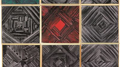 Part of a series of geometric works from 1977, often rendered in thin lines of adhesive tape. Courtesy The Mosaic Rooms