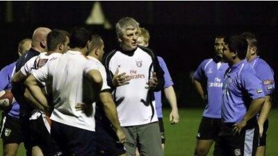 Duncan Hall, the UAE rugby union performance manager, speaks to his players at Jebel Ali Centre of Excellence during a training session. Jaime Puebla / The National