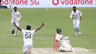India bowler Shardul Thakur celebrates after dismissing Australia's Marcus Harris for 38. AP
