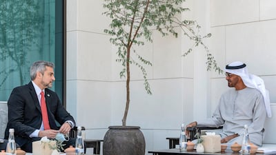 Sheikh Mohamed bin Zayed, Crown Prince of Abu Dhabi and Deputy Supreme Commander of the Armed Forces, and Paraguay's President Mario Abdo Benitez meet at Al Shati Palace in Abu Dhabi. Ministry of Presidential Affairs
