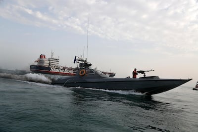 An Islamic Revolutionary Guard Corps speedboat in the Iranian port of Bandar Abbas in 2019. The seizure of ships in the Gulf by Iranian forces has prompted the US to strengthen its naval presence in the region. AP
