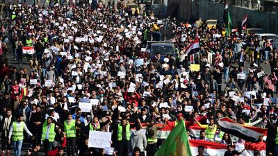 Iraqi university students take part in a protest in central Baghdad, Iraq. EPA