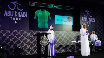 A representative from Abu Dhabi Tourism & Culture Authority, the sponsor of the green jersey which is worn by the fastest man of the peloton points classification, makes a brief presentation during the press conference for the Abu Dhabi Tour at the Yas Marina Events Centre. Delores Johnson / The National