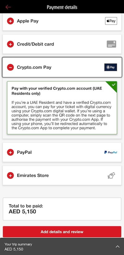 The Crypto.com Pay option on the Emirates app's payments page