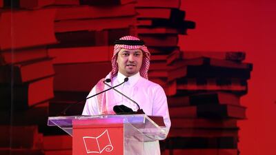 Author Mohammed Hasan Alwan accepts his prize on Wednesday night. Delores Johnson / The National