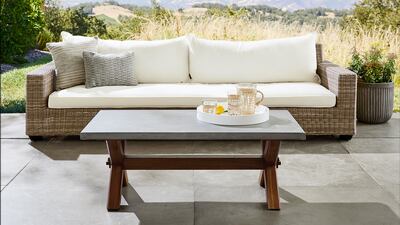 Abbott outdoor coffee table from Pottery Barn; Dh4,200 (down from Dh6,999). Photo: Alshaya Group