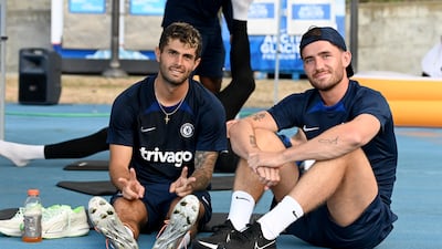 Christian Pulisic and Ben Chilwell of Chelsea relax after the training session in Los Angeles, California.
