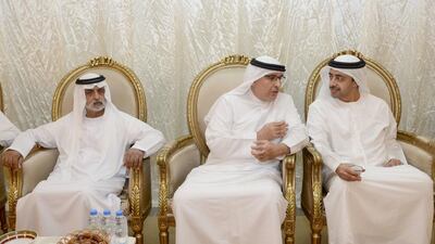 Sheikh Abdullah bin Zayed, the UAE Foreign Minister, and Sheikh Nahyan bin Mubarak, Minister of Culture, Youth and Community Development, extend their condolences to the family of Ahmed Mohammed Al Obaidly, Advisor at the Abu Dhabi Crown Prince Court, during a visit to the family residence in Abu Dhabi.
