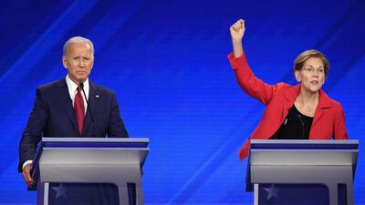 Democratic presidential hopefuls Joe Biden and Elizabeth Warren at the last primary debate. Robyn Beck / AFP