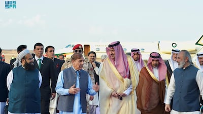 Pakistan's Prime Minister Shehbaz Sharif was received by Prince Faisal bin Salman bin Abdulaziz, Governor of Madinah province. Photo: SPA