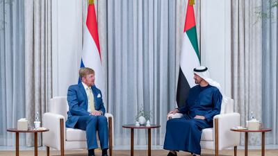 Sheikh Mohamed bin Zayed, Crown Prince of Abu Dhabi and Deputy Supreme Commander of the Armed Forces meets with King Willem-Alexander of the Netherlands at Al Shati Palace. Photo: Ministry of Presidential Affairs