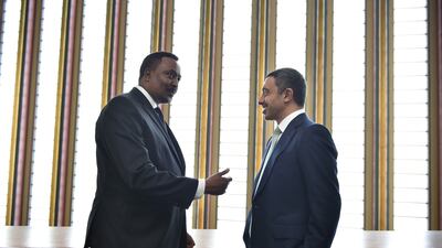 Sheikh Abdullah bin Zayed, Minister of Foreign Affairs and International Cooperation, with Workneh Gebeyehu, Ethiopia's Minister of Foreign Affairs. WAM