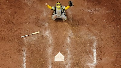 William Contreras of the Milwaukee Brewers celebrates after defeating the Tampa Bay Rays in game five of the baseball World Series in St Petersburg, Florida. AFP