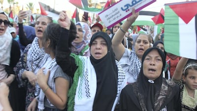 Thousands of Palestinians and Lebanese marched in the southern city of Saida on Tuesday. Lizzie Porter / The National