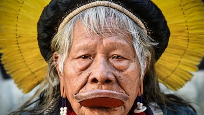 Brazil's indigenous chief Raoni Metuktire of the Kayapo people looks on during a press conference in Bordeaux ahead of the Climax environment festival. AFP / NICOLAS TUCAT