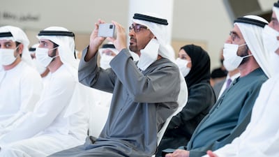 Sheikh Mohamed, centre, at the 'Eitihad Rail' announcement.