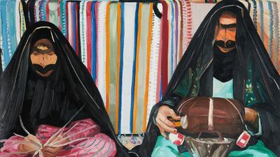 Women make telli embroidery in an artwork by Emirati artist Budour Al Ali which will go on display at Al Ain Heritage Festival (Courtesy: Budour Al Ali)