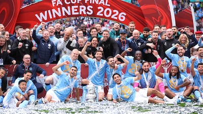 Manchester City celebrate their FA Cup final win over Chelsea at Wembley stadium on May 16, 2026, in London, England. Getty Images