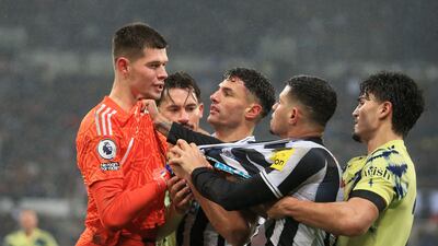 Leeds goalkeeper Illan Meslier clashes with Newcastle's Brazilian midfielder Bruno Guimaraes late in the game. AFP