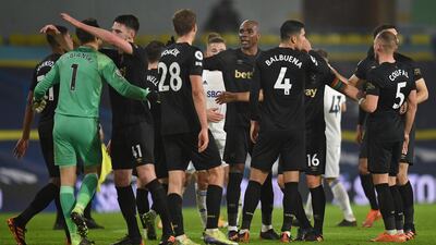 West Ham United's Italian defender Angelo Ogbonna (C) celebrates with West Ham United's Czech midfielder Tomas Soucek after the match. AFP