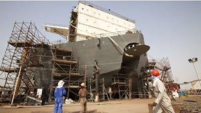 Men working in a Lamprell's shipyard in Jebel Ali. In its earnings statement, Lamprell reiterated its commitment to its core business - the construction and refurbishment of rigs, and offshore construction. Jaime Puebla / The National Newspaper