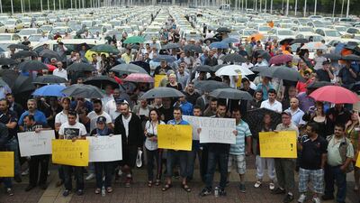 Hundreds of taxi drivers in Berlin gathered to protest against new apps like Wundercar and Uber which they claim are undermining their livelihood and creating unfair competition. Sean Gallup / Getty Images