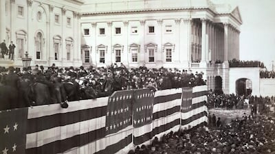 Chief Justice Morrison R. Waite administering the oath of office to James A. Garfield on the east portico of the U.S. Capitol, Washington DC, USA, March 4, 1881. Getty Images