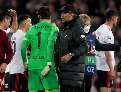 Liverpool goalkeeper Alisson and manager Jurgen Klopp at full time. PA