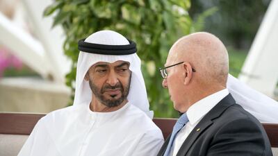 Sheikh Mohamed bin Zayed, Crown Prince of Abu Dhabi and Deputy Supreme Commander of the Armed Forces (L), receives General David Hurley, Governor-General of Australia (R), during a Sea Palace barza. Ryan Carter for the Ministry of Presidential Affairs