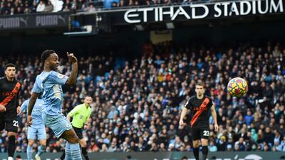 Raheem Sterling scores for Manchester Cityy. EPA