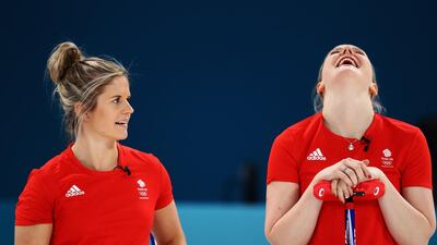 Lauren Gray (R) and Vicki Adams of Great Britain speak during the Women Curling round robin session 7 on day nine of the PyeongChang 2018 Winter Olympic Games at Gangneung Curling Centre. Dean Mouhtaropoulos / Getty Images