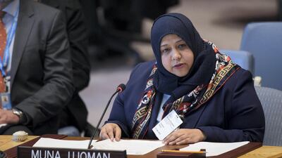 Muna Luqman, co-founder of the Women Solidarity Network briefs the United Nations Security Council. UN Photo