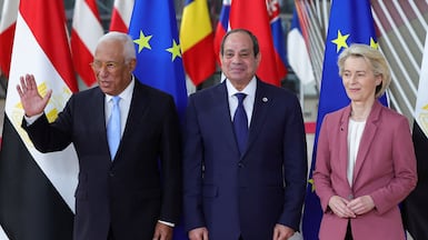 From left, European Council President Antonio Costa, Egyptian President Abdel Fattah El Sisi and European Commission President Ursula von der Leyen at the first EU-Egypt summit, in Brussels. Reuters