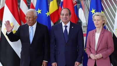 From left, European Council President Antonio Costa, Egyptian President Abdel Fattah El Sisi and European Commission President Ursula von der Leyen at the first EU-Egypt summit, in Brussels. Reuters