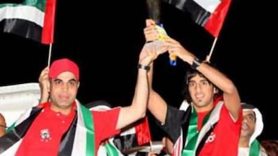 The victorious UAE Under-19s football team arrive at Abu Dhabi airport Saturday night after winning the Asian Football Confederation Under-19's Championship in Saudi Arabia. Sheikh Khalifa bin Zayed, President of the UAE and Ruler of Abu Dhabi, personally congratulated the team.