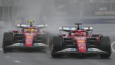 Ferrari driver Charles Leclerc, right, of Monaco and teammate Lewis Hamilton of Britain compete. AP