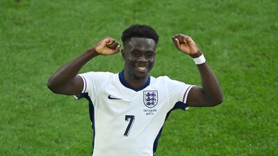 Bukayo Saka celebrates after scoring for England to make it 1-1. Getty Images