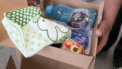 The standard supply kit for children, which includes a blanket, water, fruit and a toy. Anna Nielsen for The National