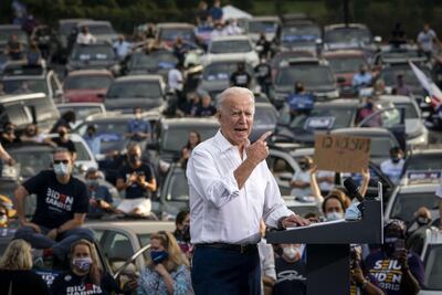 Joe Biden during a drive-in campaign rally in a parking lot on October 27, in Atlanta, Georgia. Getty Images/AFP