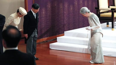 Japan’s Empress Michiko (R) bows to Crown Prince Naruhito (C) and his wife Crown Princess Masako (L) as she leaves at the end of the abdication ceremony of Emperor Akihito at the Matsu-no-Ma state room inside the Imperial Palace in Tokyo. Emperor Akihito of Japan formally stepped down on April 30, 2019, the first abdication for 200 years in the world's oldest monarchy, as his son Naruhito prepared to take the Chrysanthemum Throne and usher in a new imperial era. AFP
