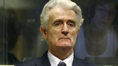 Radovan Karadzic in the court room of the International Criminal Tribunal for the Former Yugoslavia at the start of his initial appearance in The Hague.