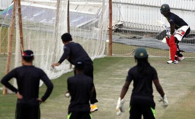 Zimbabwe captain Chamu Chibhabha bats in the nets at the Rawalpindi Cricket Stadium. EPA
