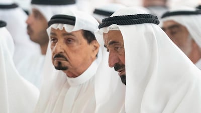 Sheikh Dr Sultan bin Muhammad Al Qasimi, Ruler of Sharjah, and Sheikh Humaid bin Rashid, Ruler of Ajman, perform funeral prayers for Sheikh Khalid, the Sharjah Ruler's son, at King Faisal Mosque on Wednesday. Wam