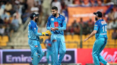 UAE captain Ahmed Raza, centre, picked up two wickets for Karnataka Tuskers to set up victory against Delhi Bulls in the Abu Dhabi T10. Courtesy Abu Dhabi Cricket