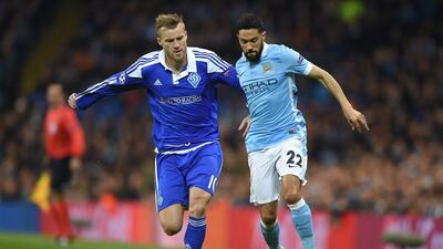 Manchester City’s Gael Clichy (R) in action with Dynamo Kiev’s Andriy Yarmolenko (L) during the Uefa Champions League round of 16 second leg soccer match between Manchester City and Dynamo Kiev held at the Etihad Stadium in Manchester, Britain, 15 March 2016. EPA/Peter Powell