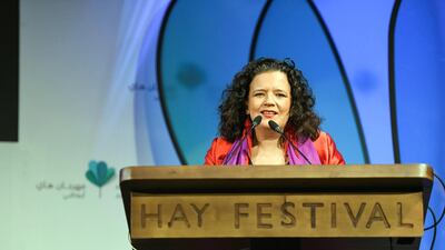 Hay Festival International director Cristina Fuentes La Roche speaks during the opening ceremony.
