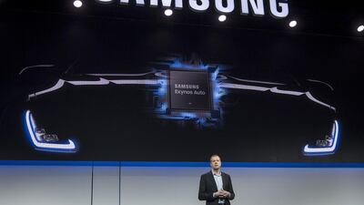 Jim Elliott, senior vice president of sales and marketing at Samsung Semiconductor, speaks during the Samsung Electronics event. Bloomberg