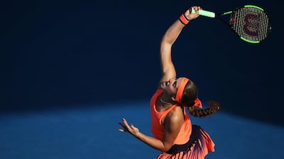 Latvia’s Jelena Ostapenko serves against American Lauren Davis during a women’s singles semi-final match at the WTA Auckland Classic tennis tournament in Auckland on January 6, 2017. Michael Bradley / Agence France-Presse