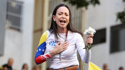Maria Corina Machado planned to run for president against Nicolas Maduro in 2023 after sweeping the primaries, but the Venezuelan government barred her from the ballot. AFP